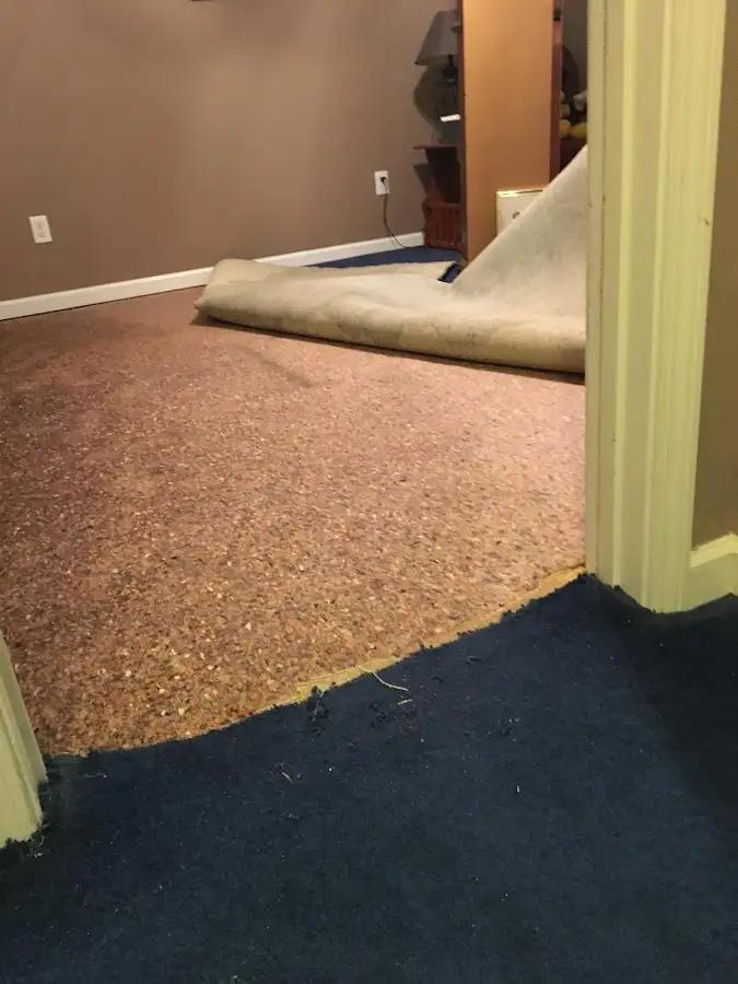 Carpet pad removal revealing water damage during Drying & Dehumidification in Haverstraw
